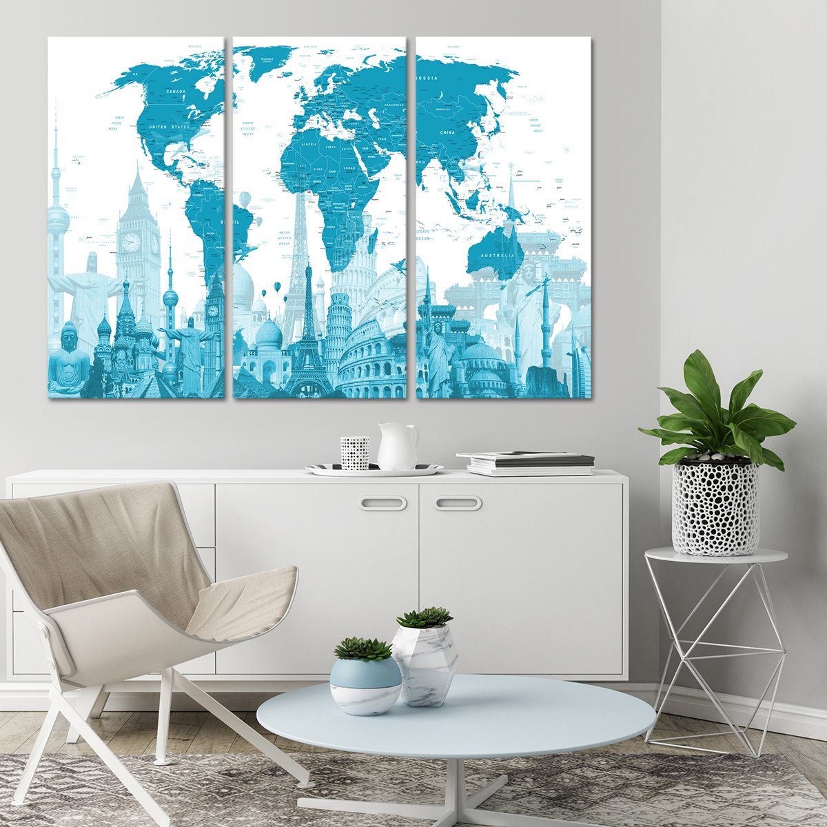 Mystic Blue World Map Masterpiece Multi Panel Canvas Wall Art