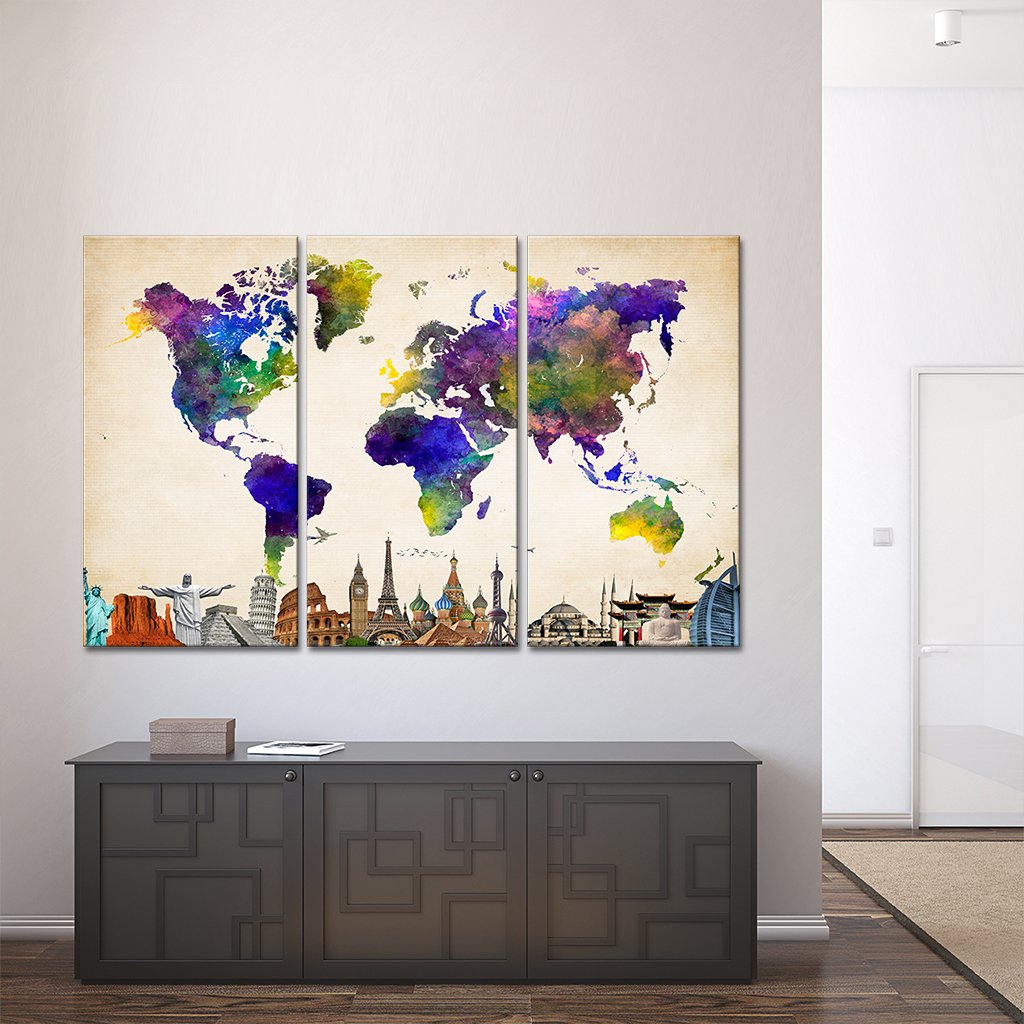 Violet World Map Masterpiece Multi Panel Canvas Wall Art