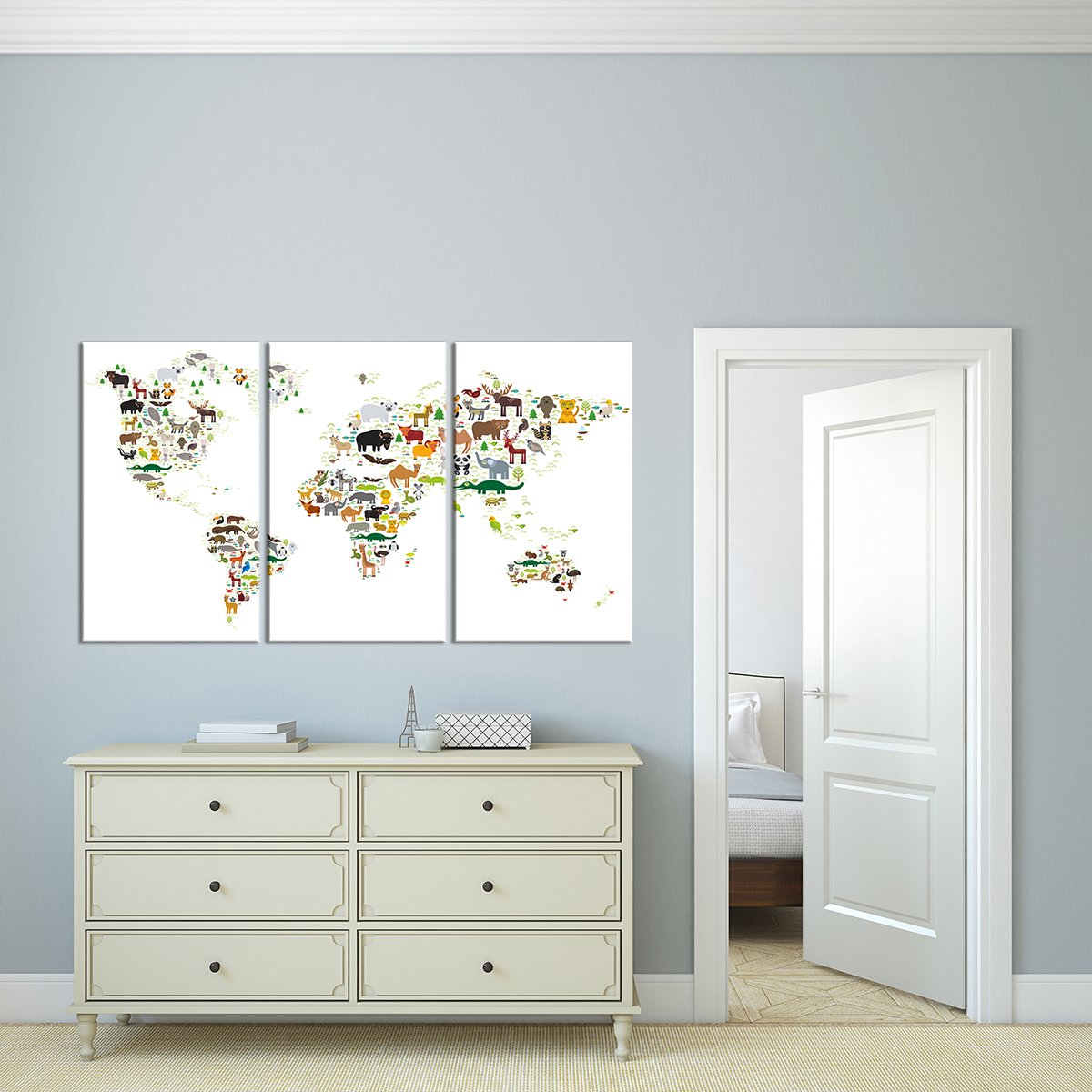 White Animals World Map Multi Panel Canvas Wall Art