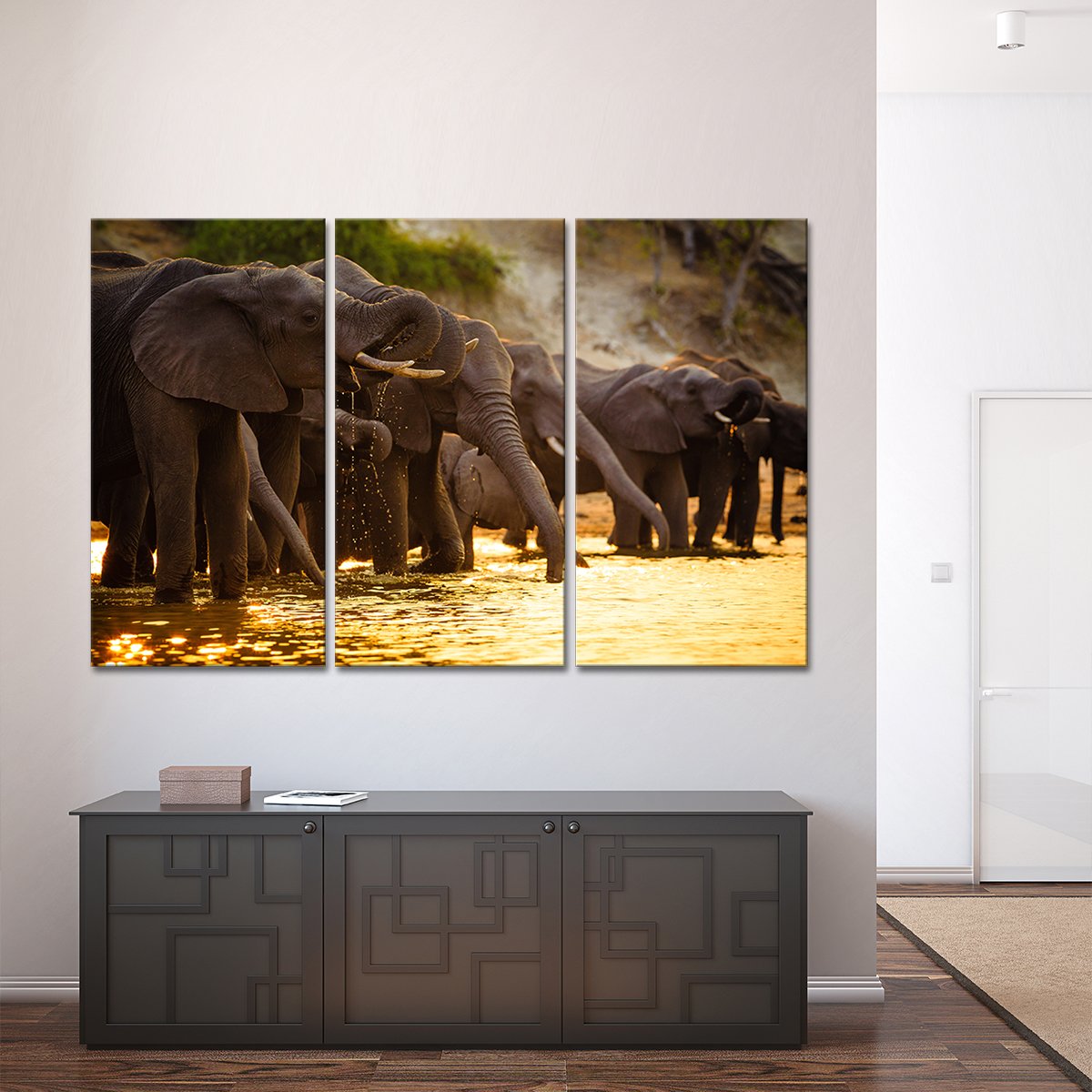 Elephants in Savanna Multi Panel Canvas Wall Art
