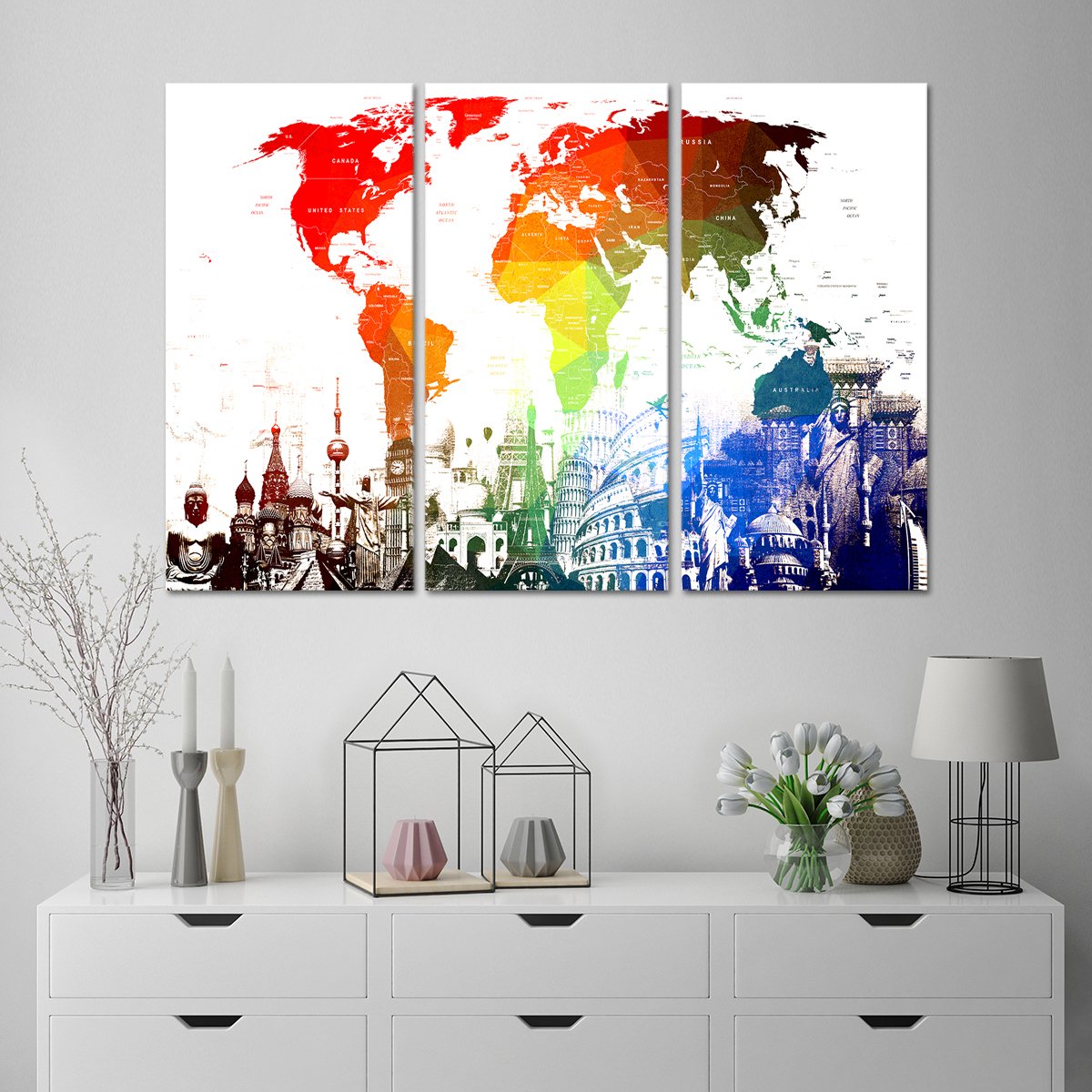 Rainbow World Map Masterpiece Multi Panel Canvas Wall Art