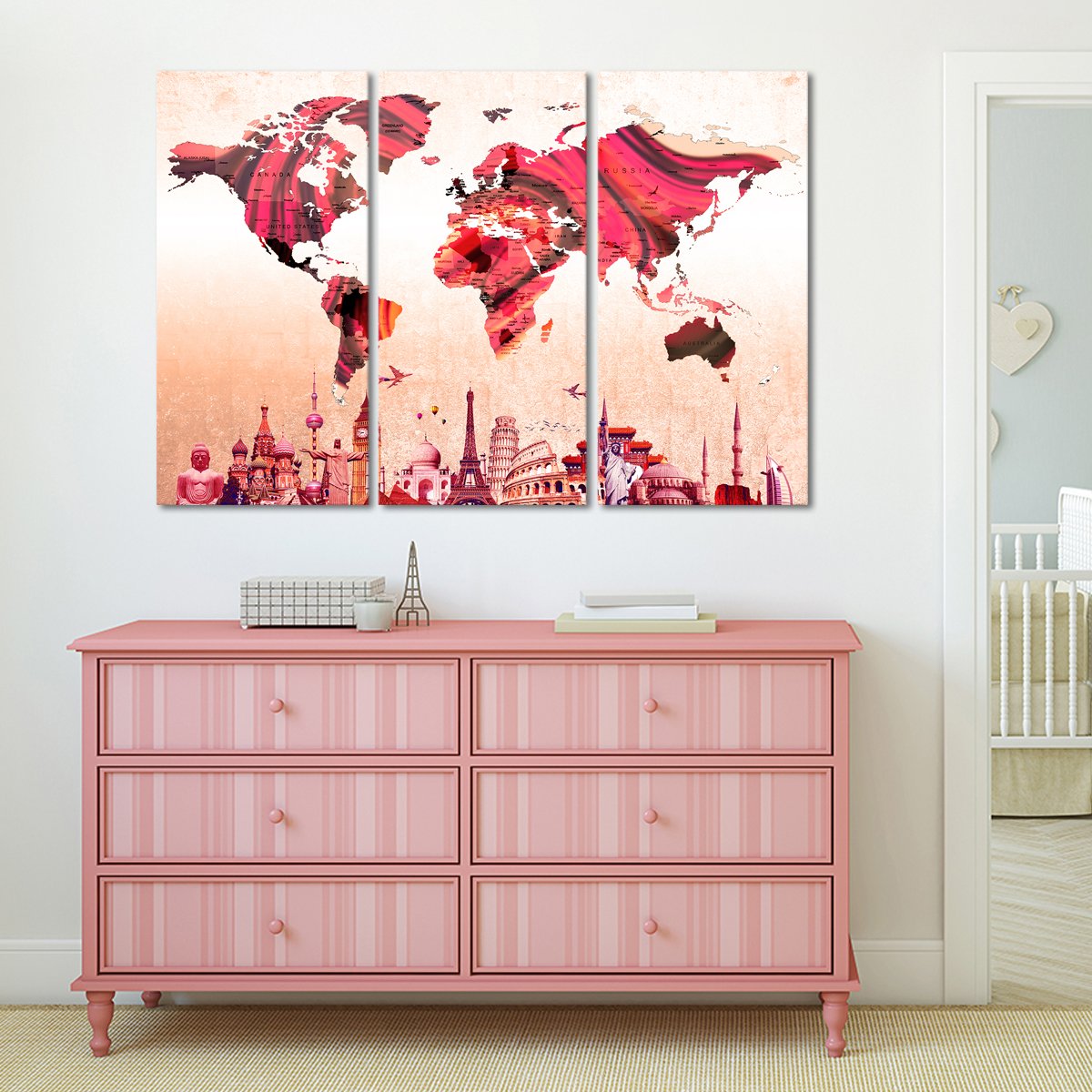 Textured Rose Gold World Map Masterpiece Multi Panel Canvas Wall Art