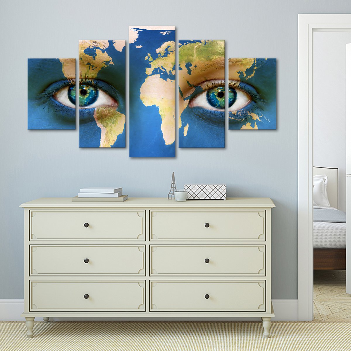 Colorful Eyes World Map Multi Panel Canvas Wall Art