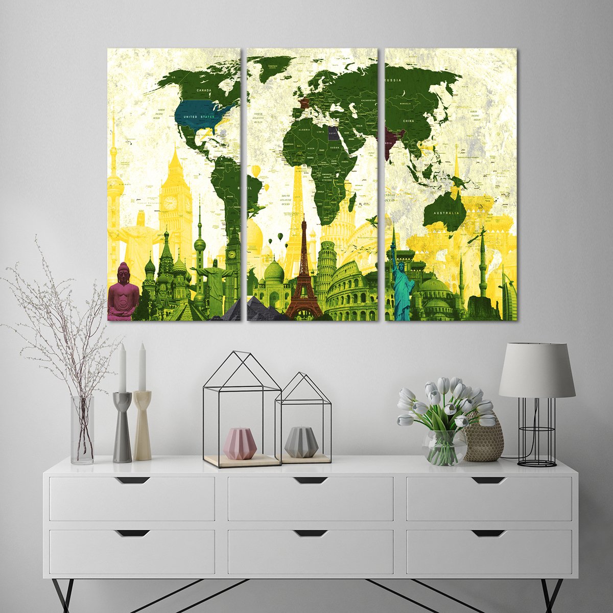 Country Landmarks World Map Masterpiece Multi Panel Canvas Wall Art