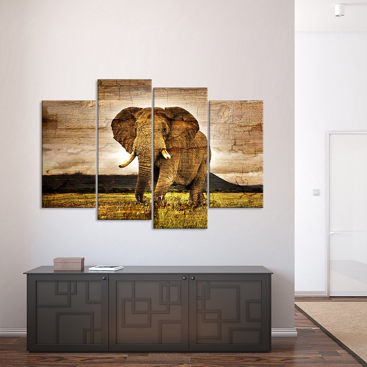 Wooden Elephant Landscape Multi Panel Canvas Wall Art