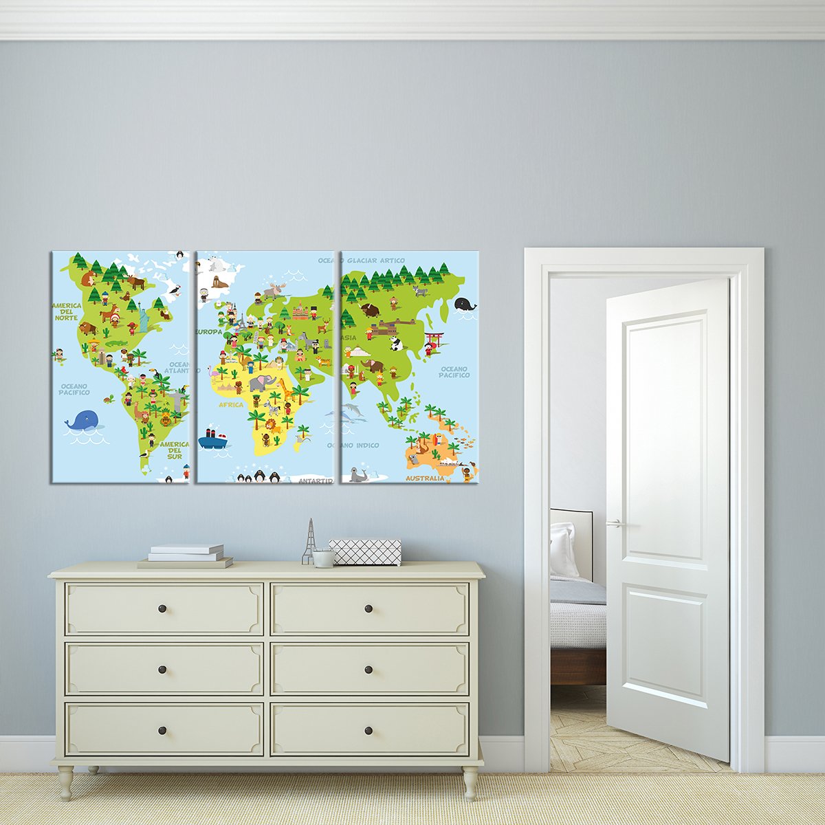 Funny Cartoon World Map Multi Panel Canvas Wall Art