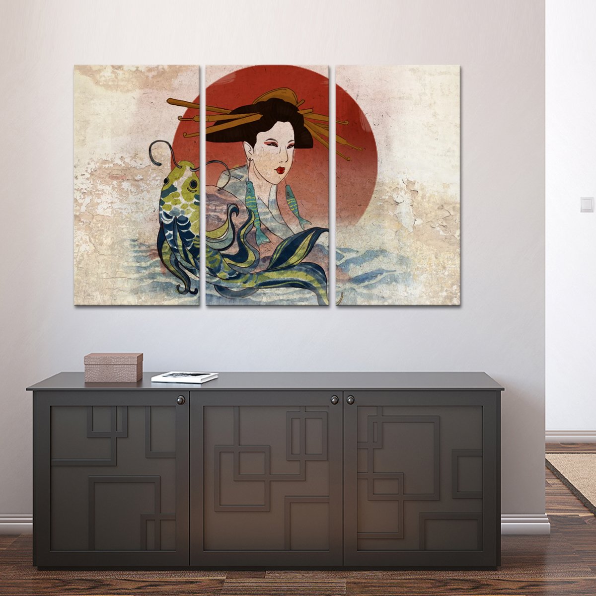 Graceful Koi And Geisha Multi Panel Canvas Wall Art
