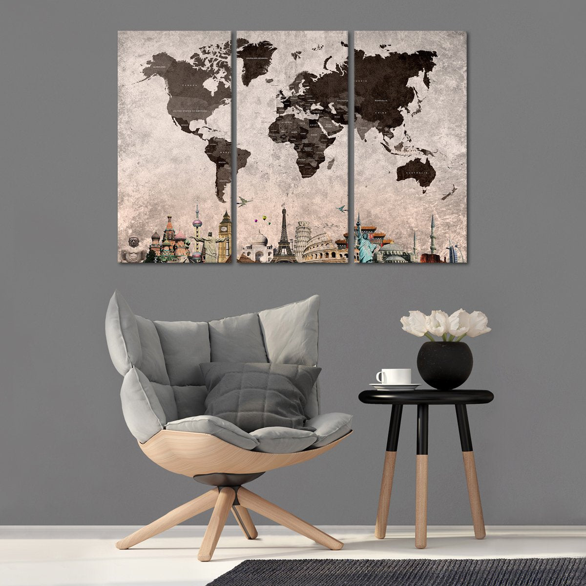Shades Of Grey World Map Masterpiece Multi Panel Canvas Wall Art