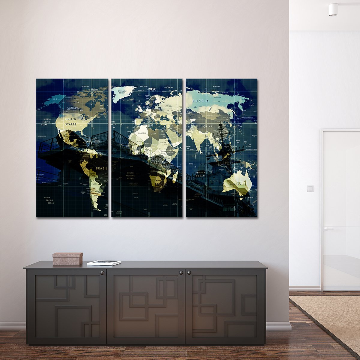 Battleship World Map Multi Panel Canvas Wall Art