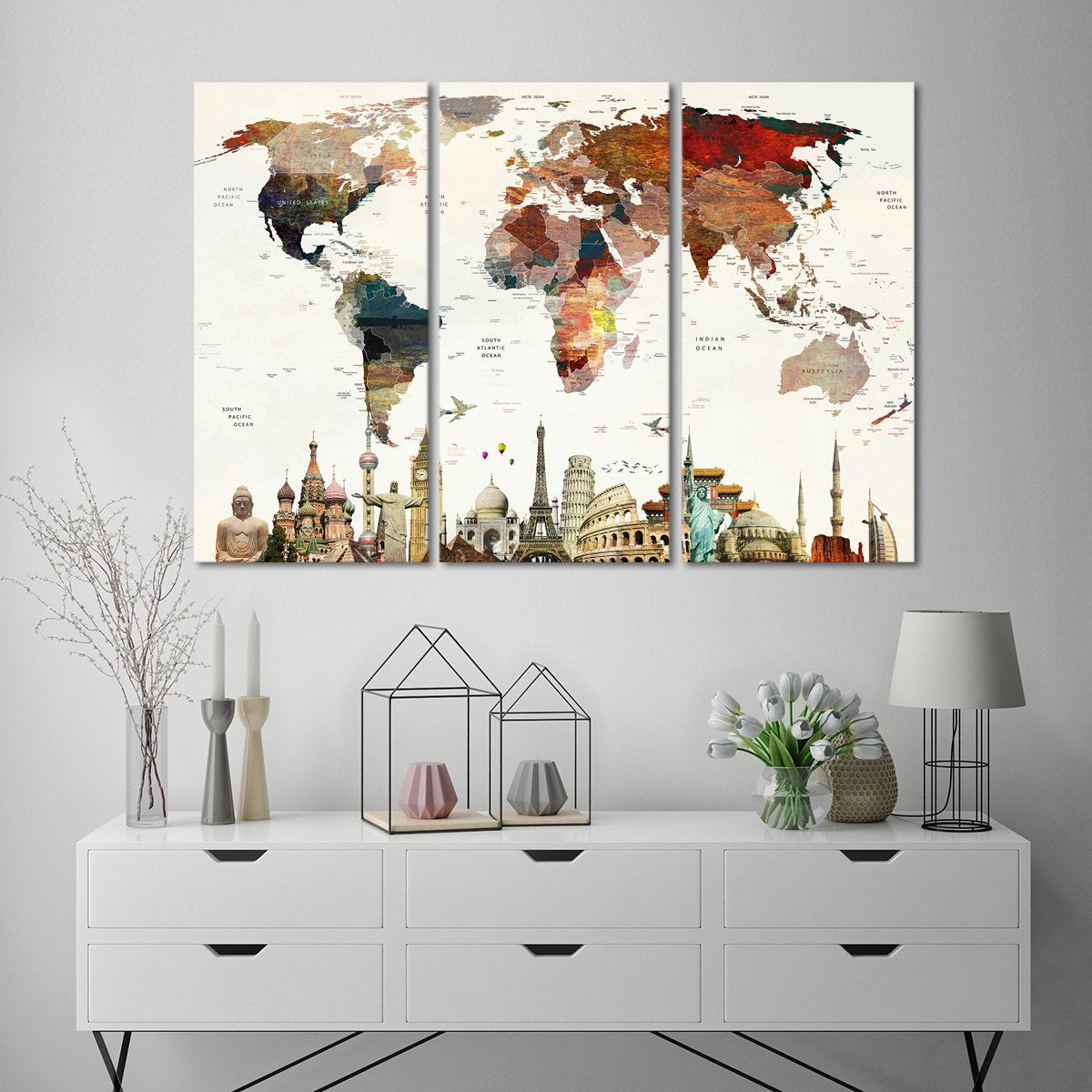 Colorful Stains World Map Masterpiece Multi Panel Canvas Wall Art