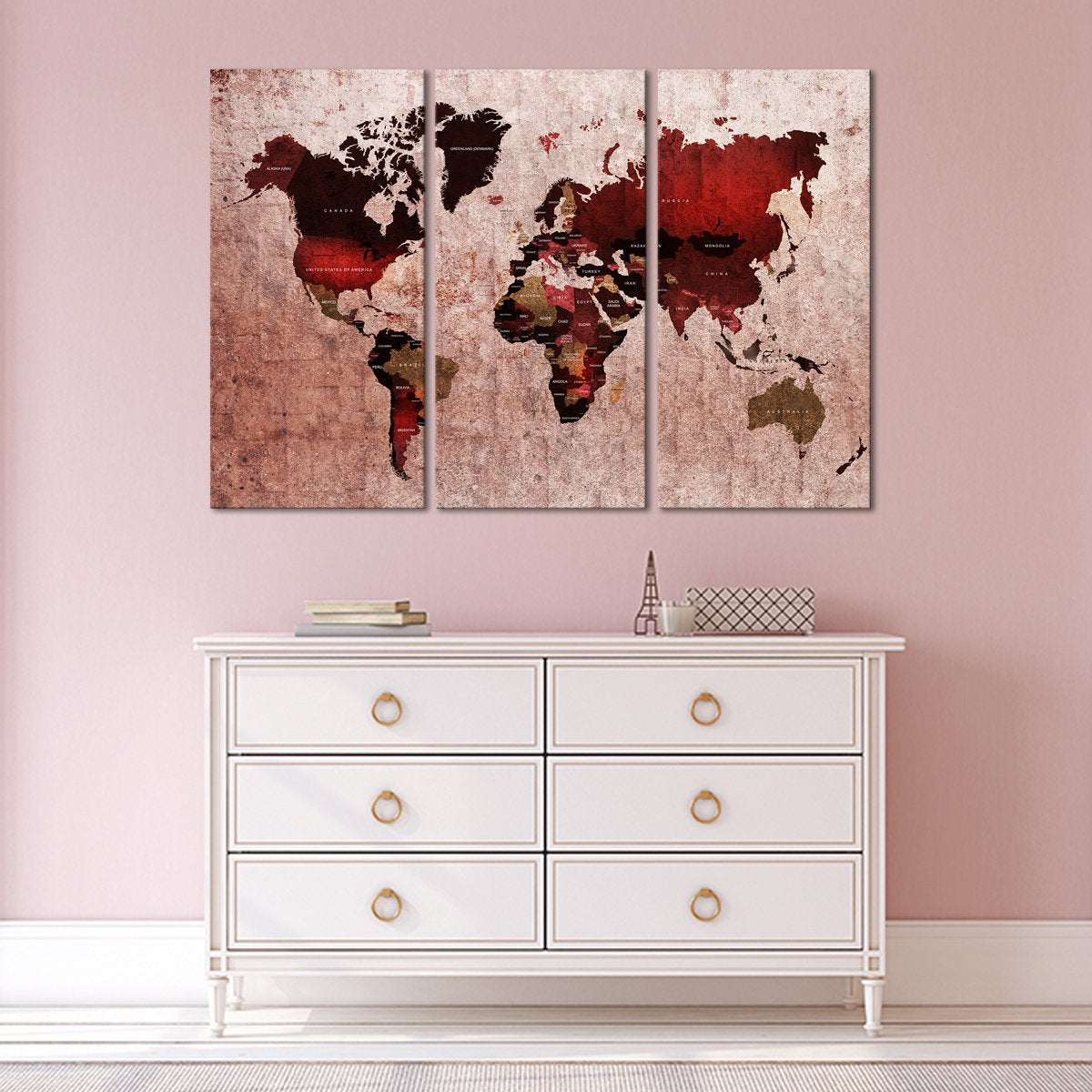 Ruby World Map Multi Panel Canvas Wall Art