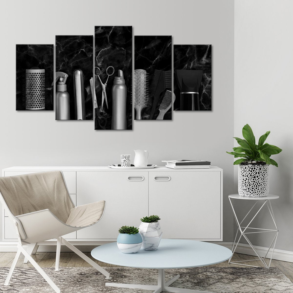 Hairdresser Tools Marble Multi Panel Canvas Wall Art