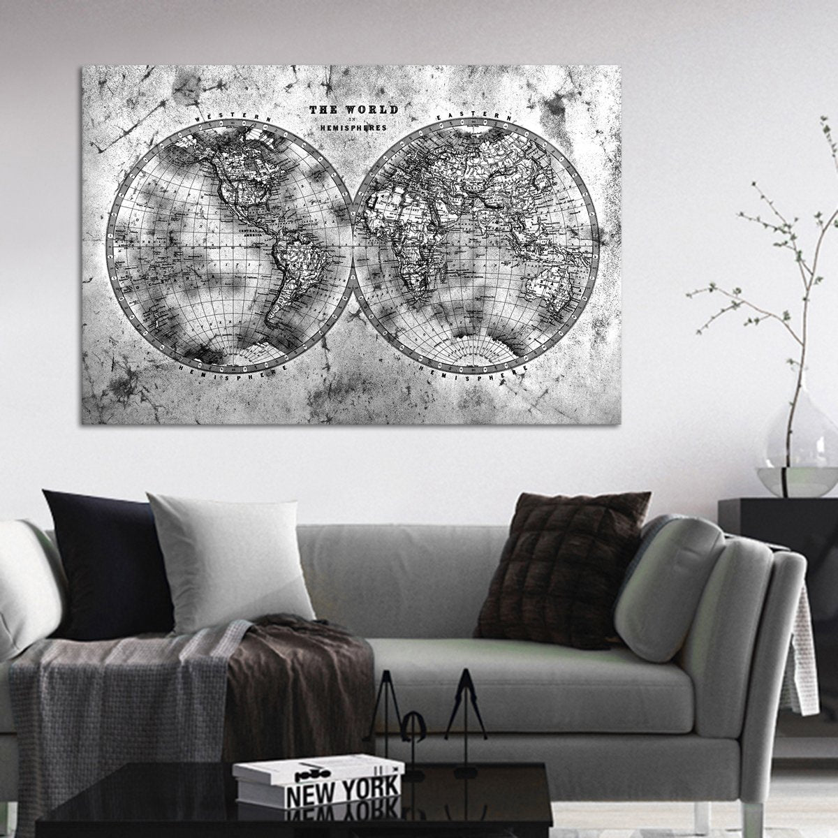 Hemispheres Contrast World Map Multi Panel Canvas Wall Art