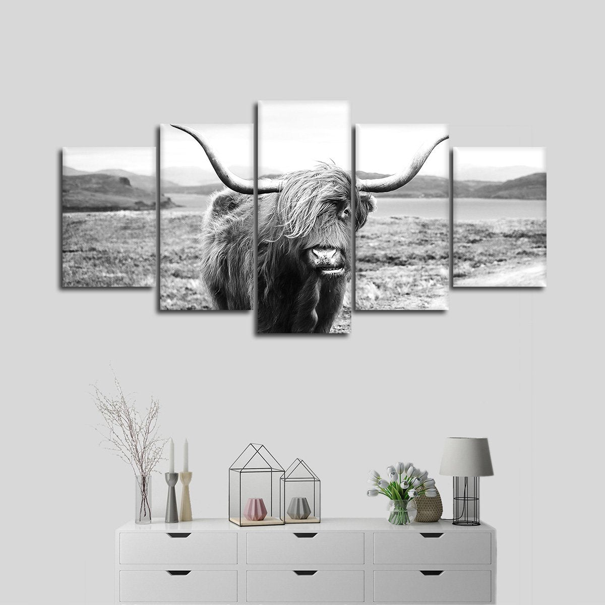 Highland Cow In Fields Multi Panel Canvas Wall Art