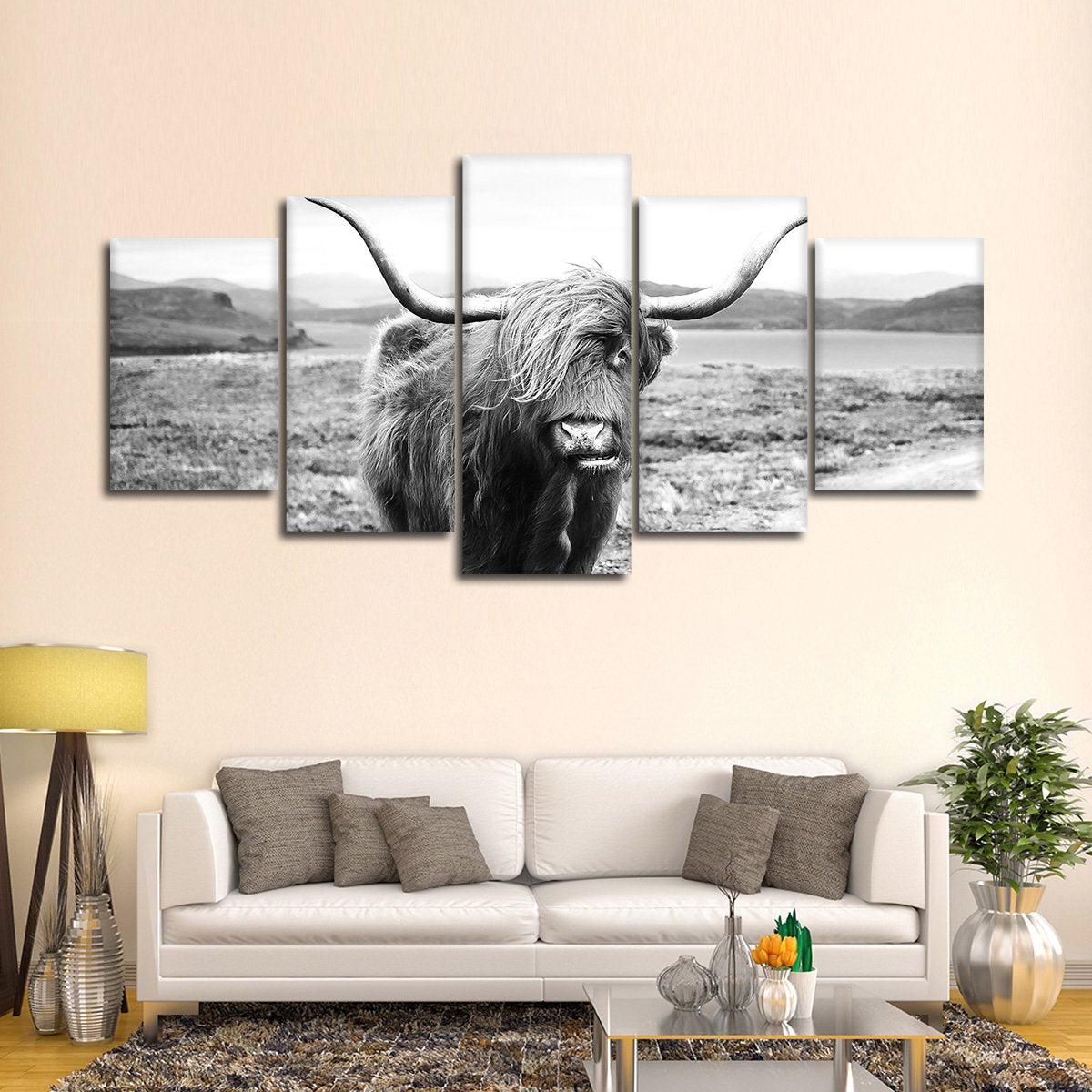 Highland Cow In Fields Multi Panel Canvas Wall Art