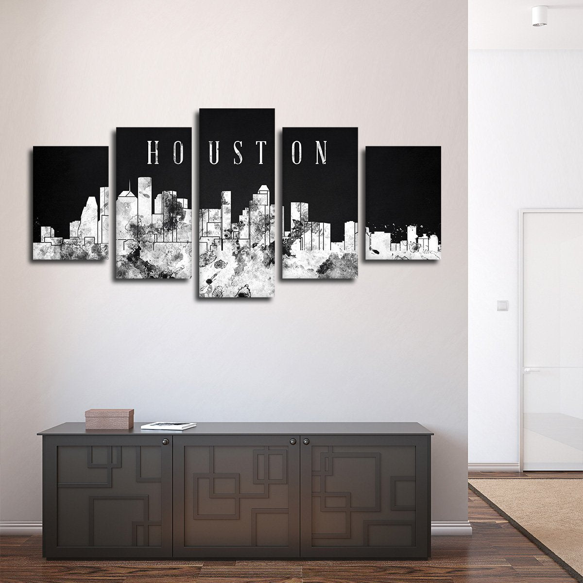 Houston Watercolor Skyline BW Multi Panel Canvas Wall Art