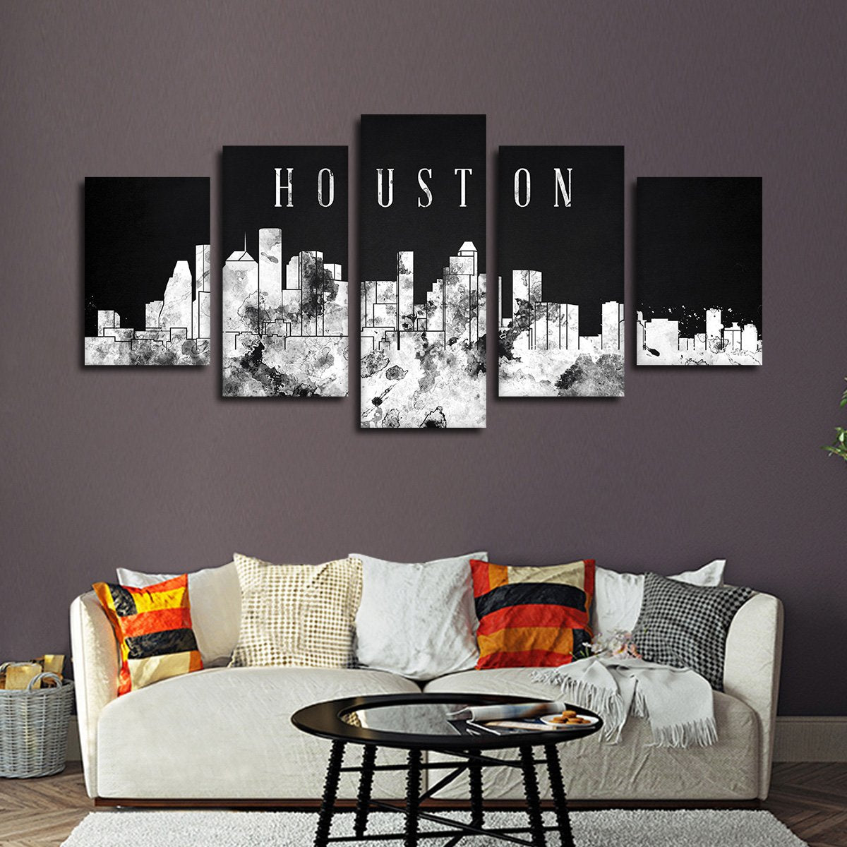 Houston Watercolor Skyline BW Multi Panel Canvas Wall Art
