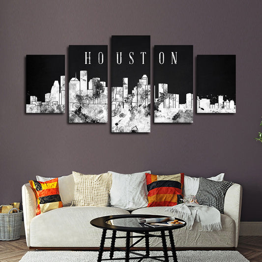 Houston Watercolor Skyline BW Multi Panel Canvas Wall Art