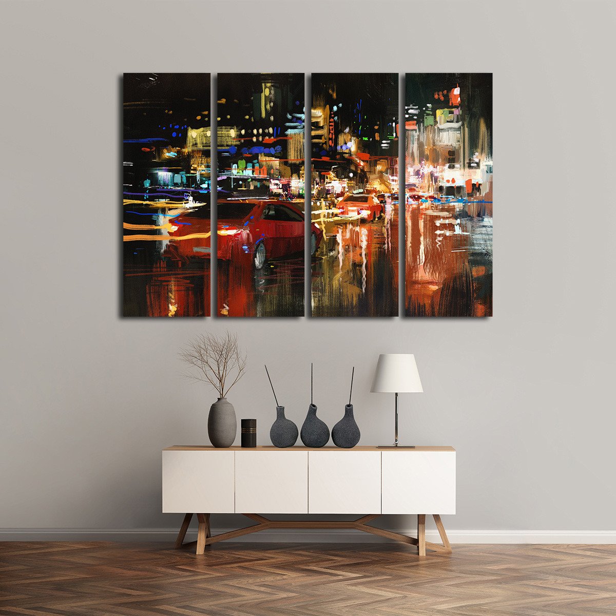 LA Traffic At Night Multi Panel Canvas Wall Art