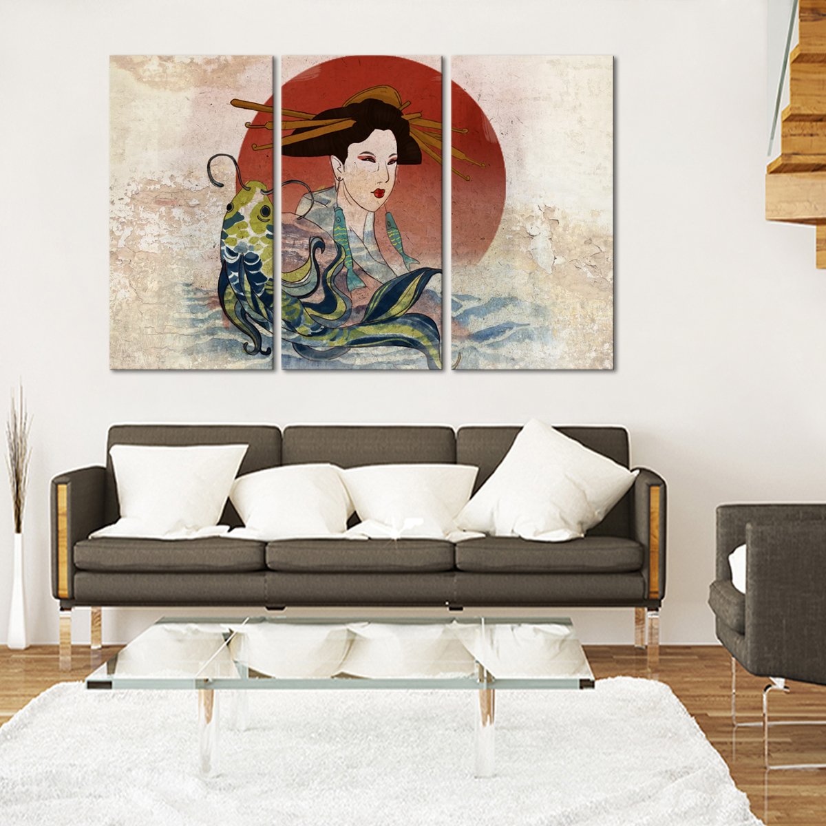 Graceful Koi And Geisha Multi Panel Canvas Wall Art