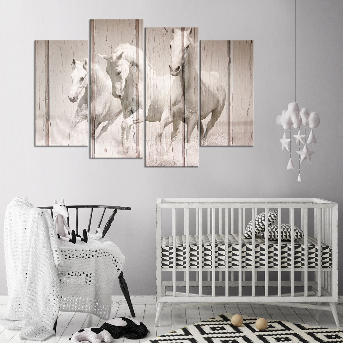 White Stallions Multi Panel Canvas Wall Art