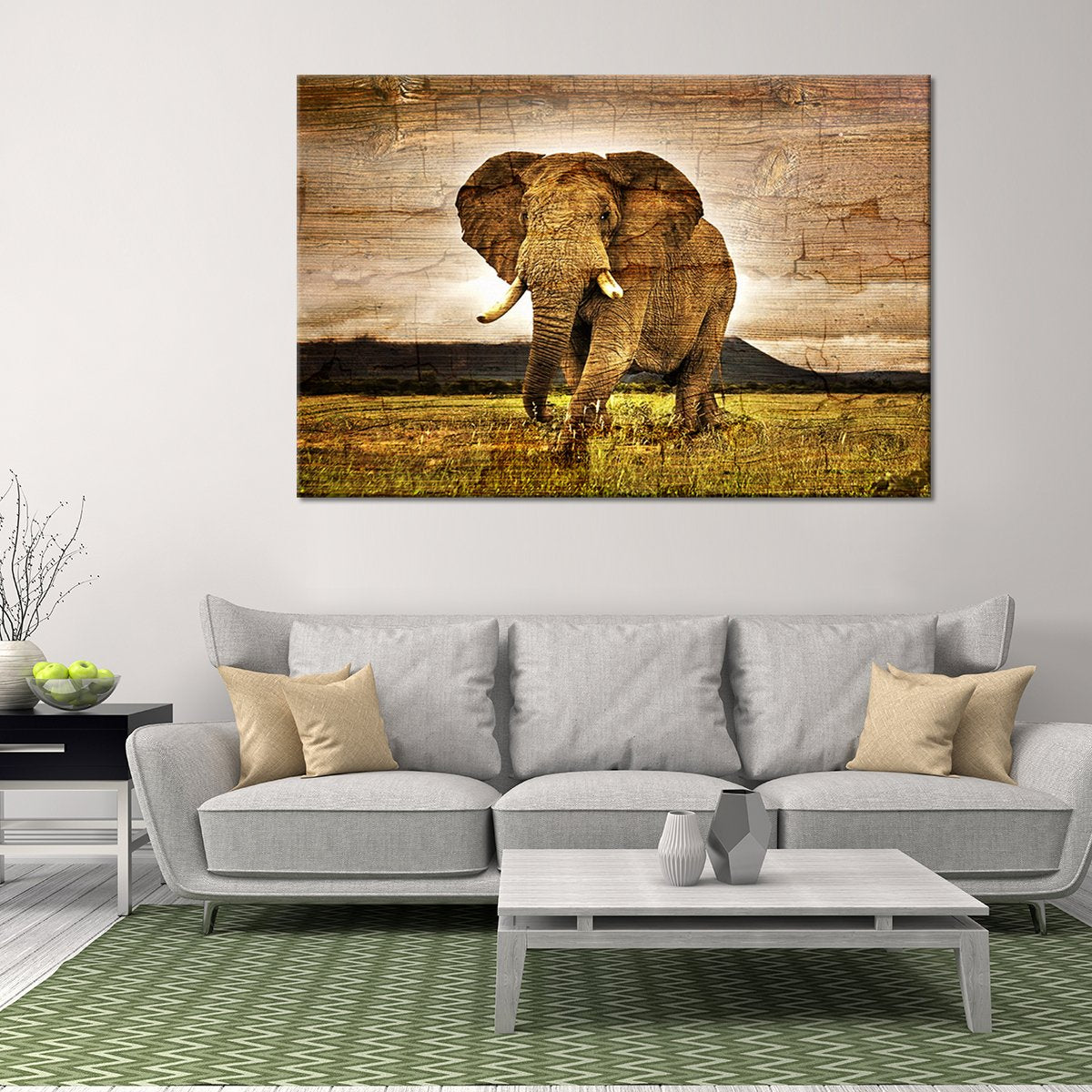 Wooden Elephant Landscape Multi Panel Canvas Wall Art