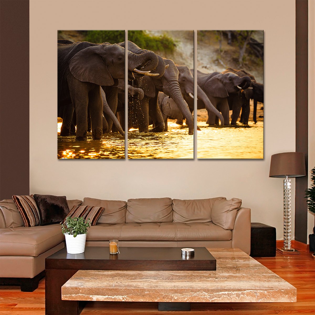 Elephants in Savanna Multi Panel Canvas Wall Art