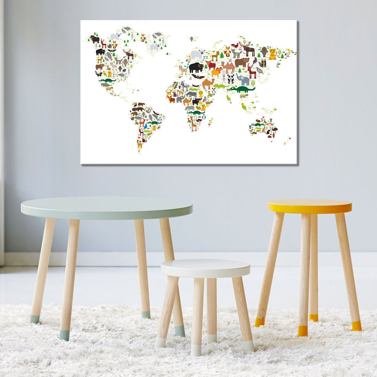 White Animals World Map Multi Panel Canvas Wall Art