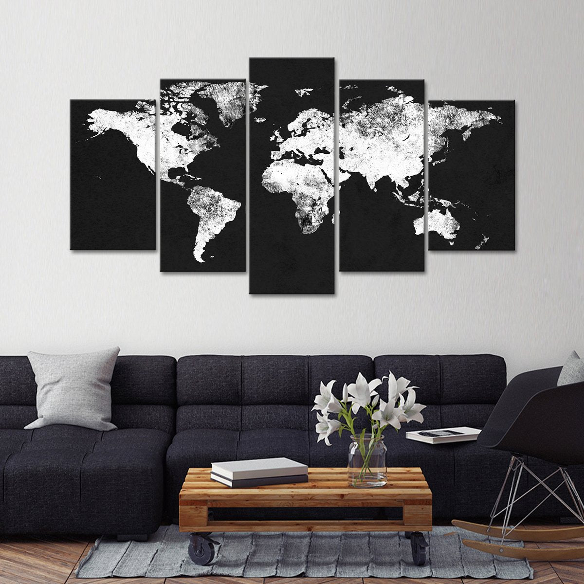 Charcoal World Map Multi Panel Canvas Wall Art