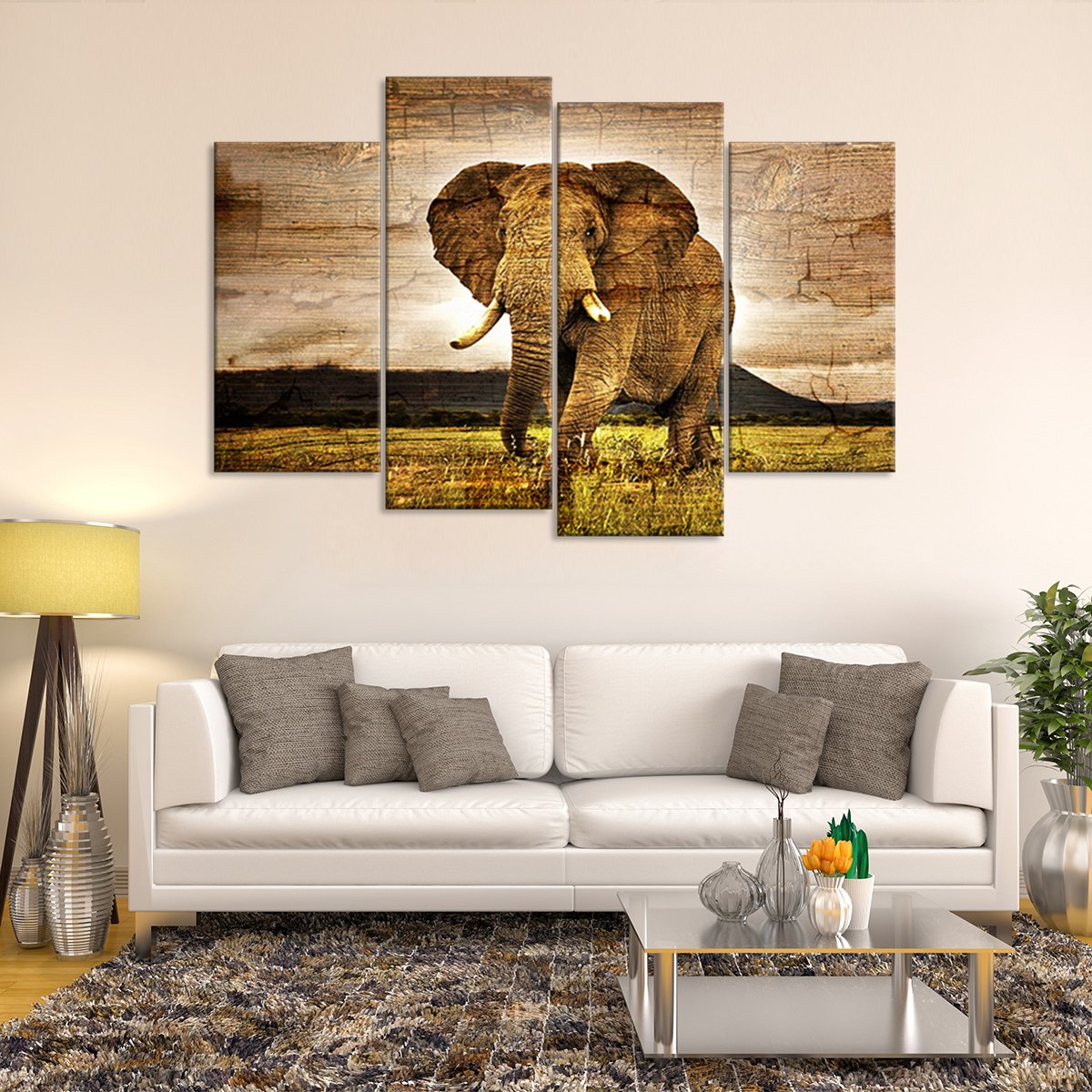 Wooden Elephant Landscape Multi Panel Canvas Wall Art