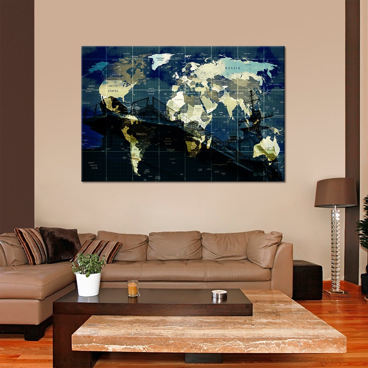 Battleship World Map Multi Panel Canvas Wall Art