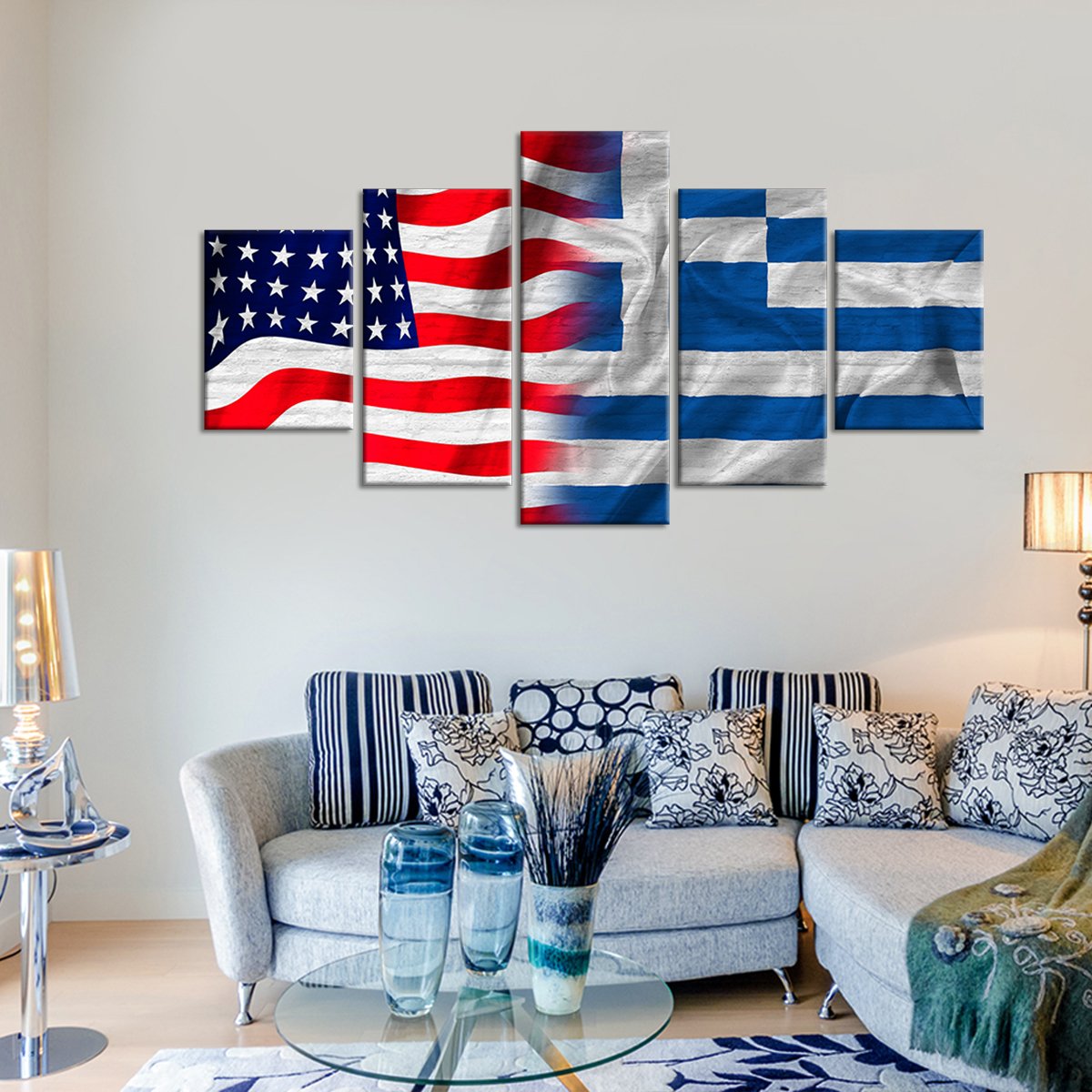 USA and Greece Flag Multi Panel Canvas Wall Art