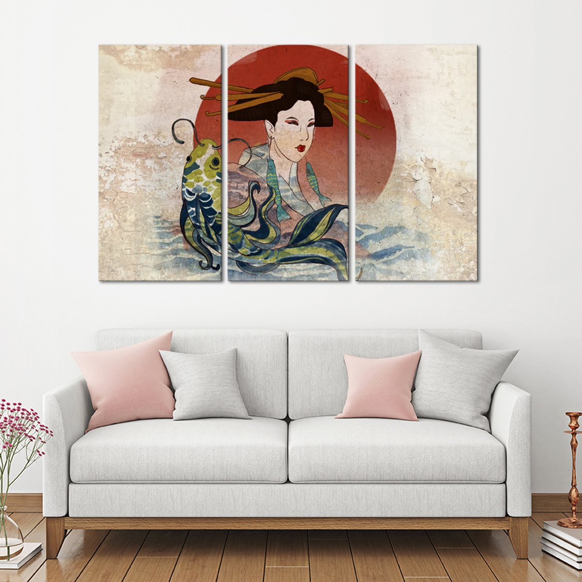 Graceful Koi And Geisha Multi Panel Canvas Wall Art