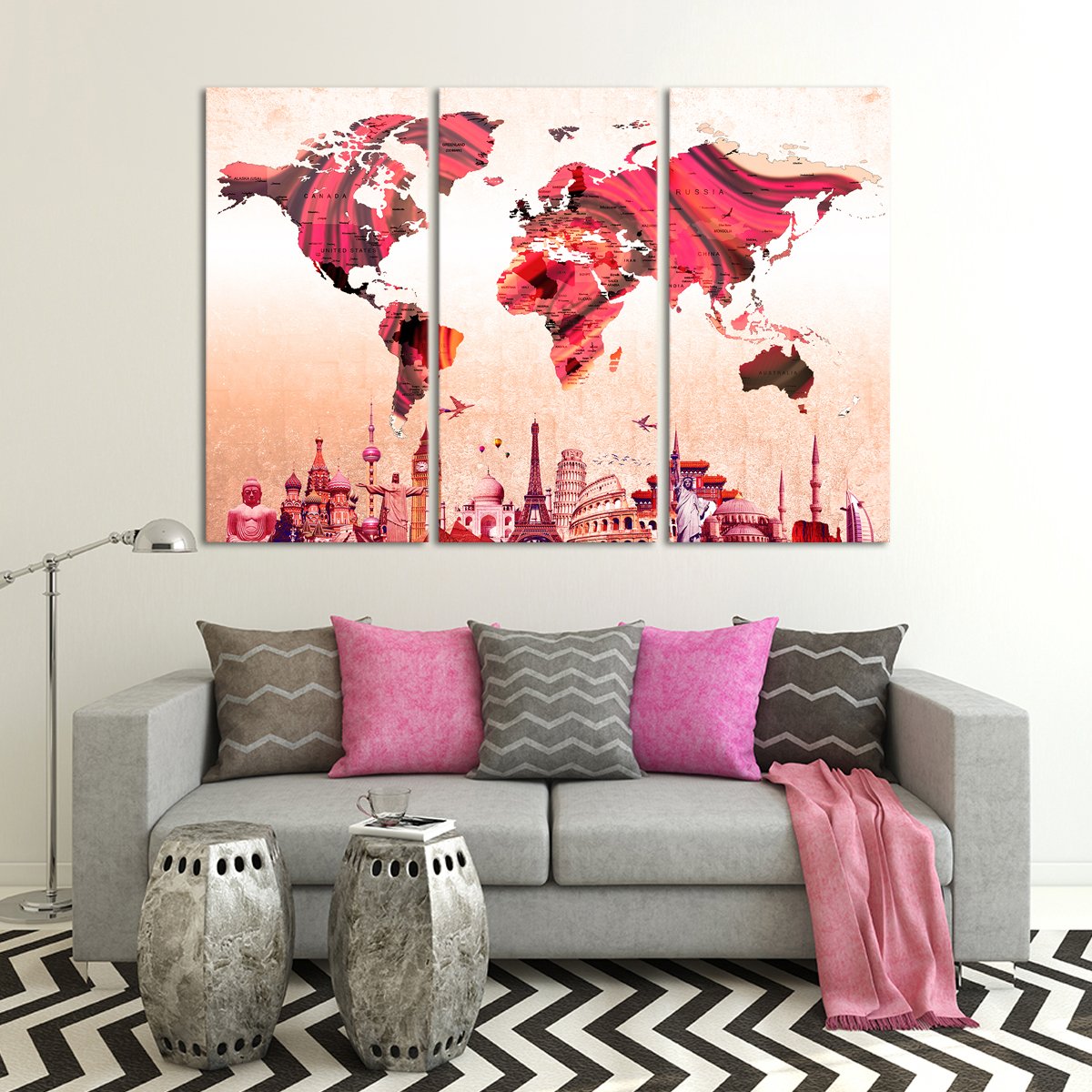 Textured Rose Gold World Map Masterpiece Multi Panel Canvas Wall Art