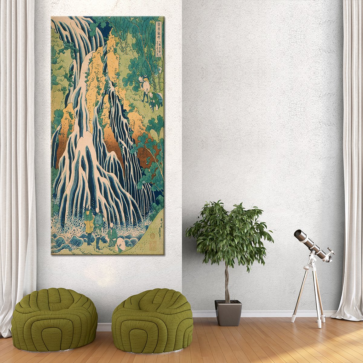 Pilgrims At Kirifuri Waterfall Multi Panel Canvas Wall Art