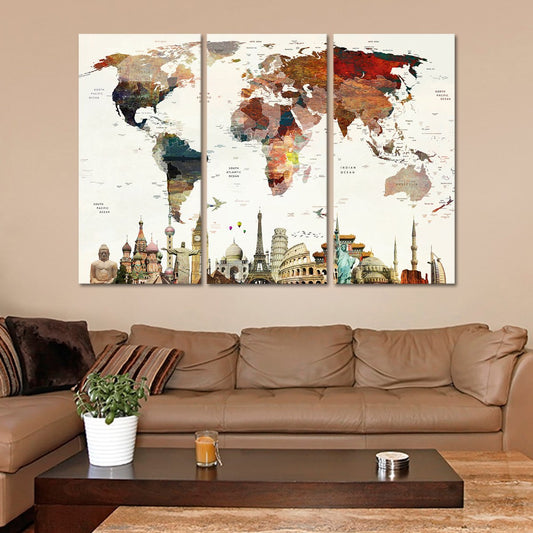 Colorful Stains World Map Masterpiece Multi Panel Canvas Wall Art