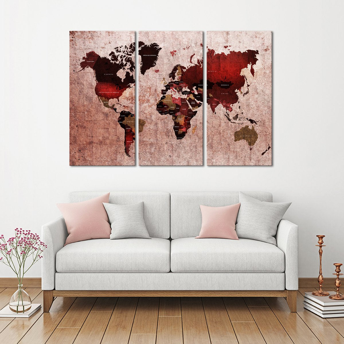 Ruby World Map Multi Panel Canvas Wall Art