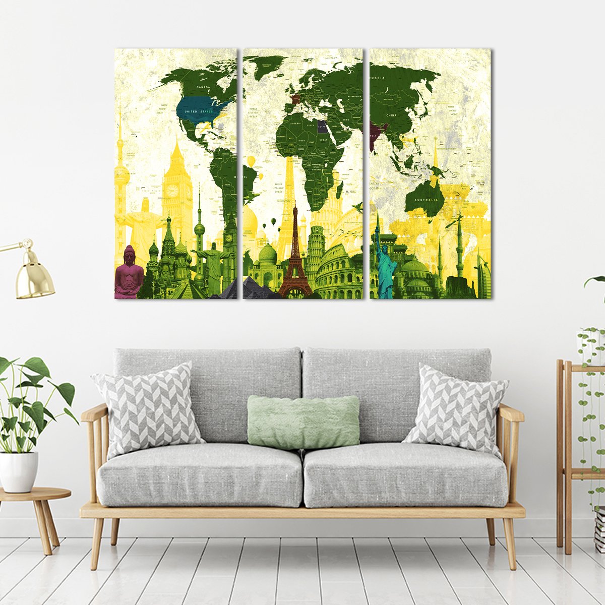 Country Landmarks World Map Masterpiece Multi Panel Canvas Wall Art