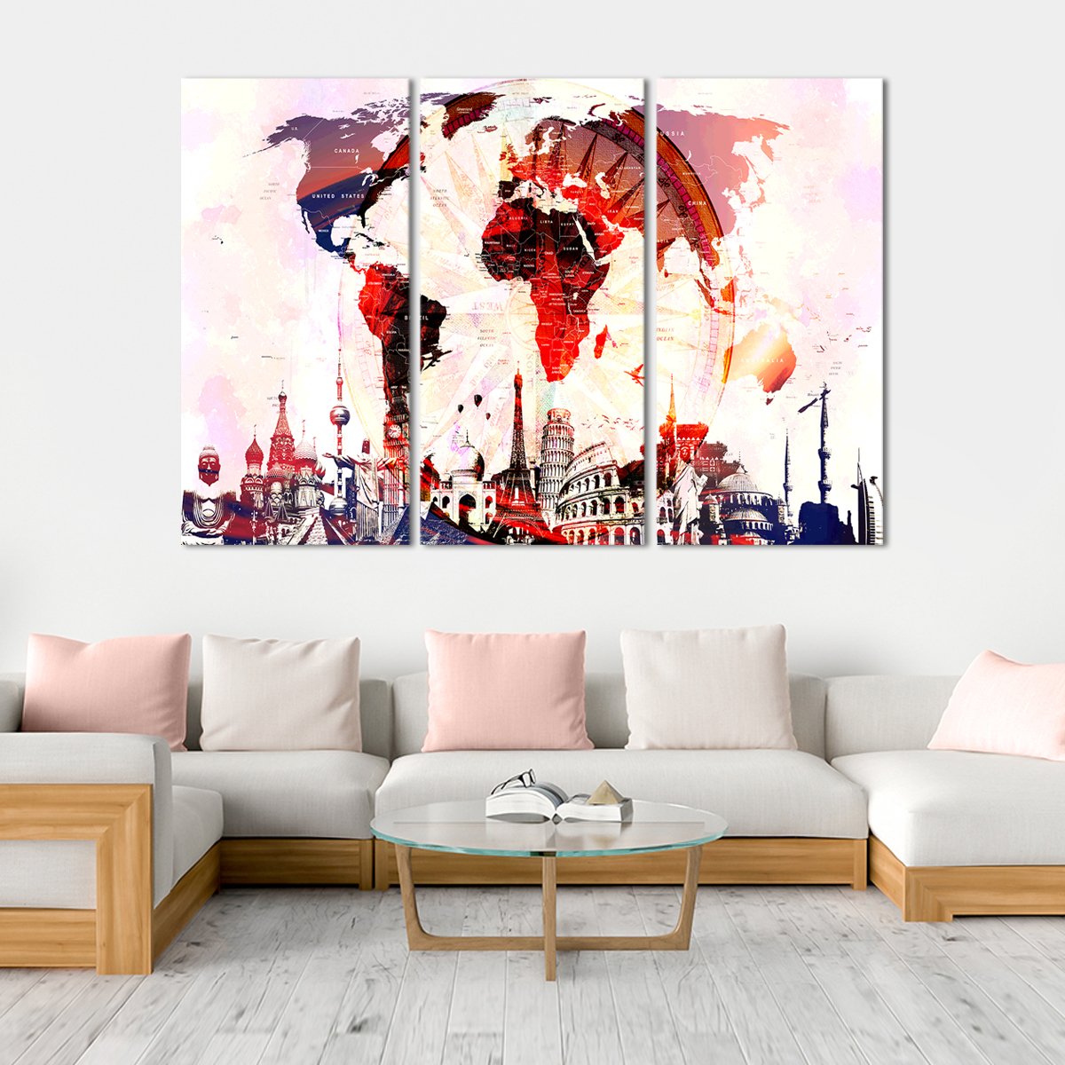 Compass World Map Masterpiece Multi Panel Canvas Wall Art
