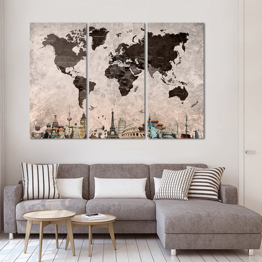 Shades Of Grey World Map Masterpiece Multi Panel Canvas Wall Art
