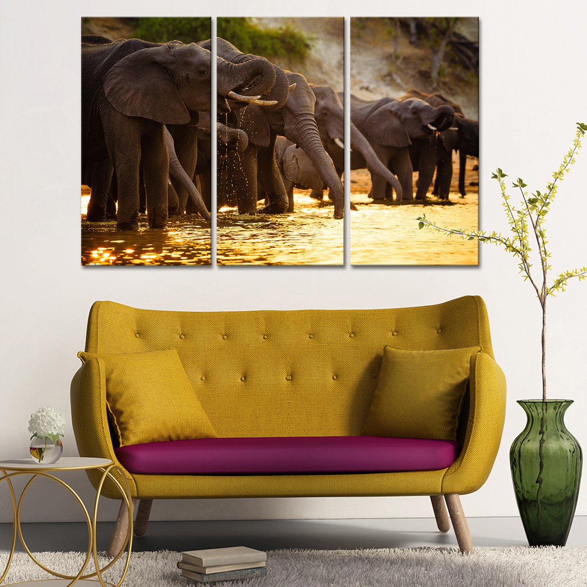 Elephants in Savanna Multi Panel Canvas Wall Art