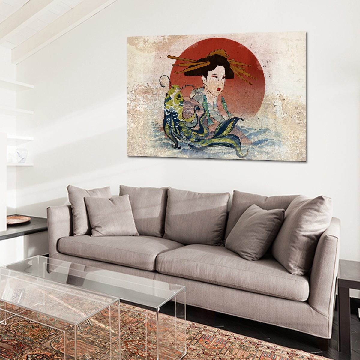Graceful Koi And Geisha Multi Panel Canvas Wall Art