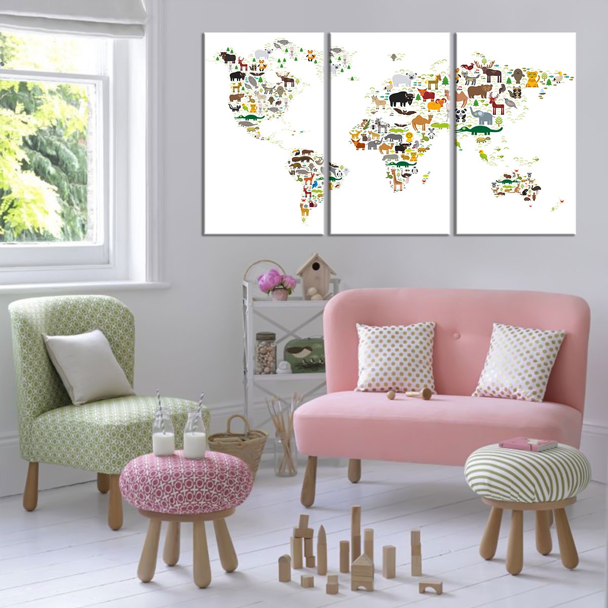 White Animals World Map Multi Panel Canvas Wall Art