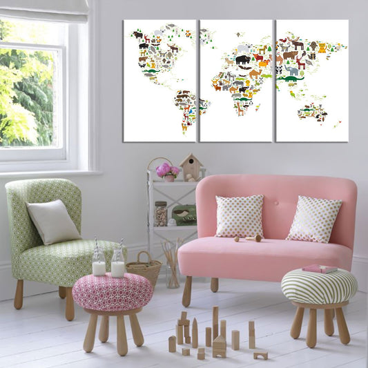 White Animals World Map Multi Panel Canvas Wall Art