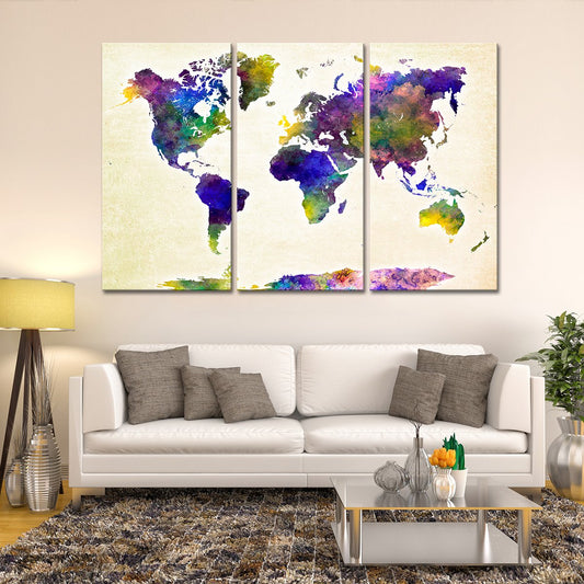 Violet World Map Multi Panel Canvas Wall Art