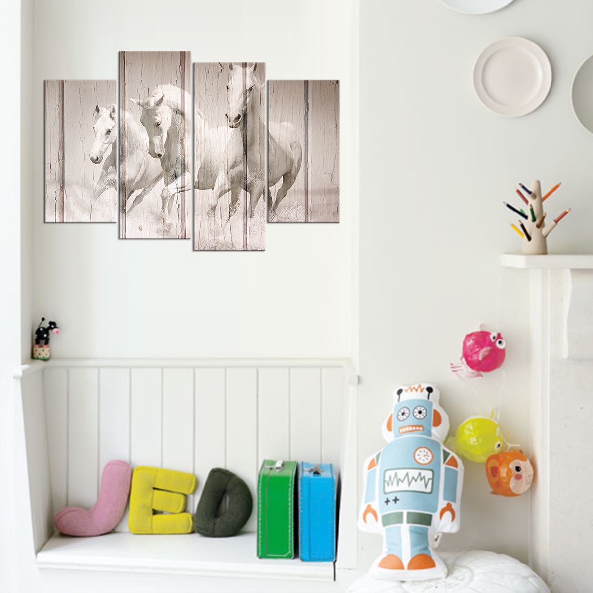 White Stallions Multi Panel Canvas Wall Art
