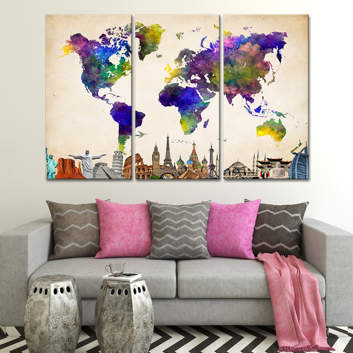 Violet World Map Masterpiece Multi Panel Canvas Wall Art