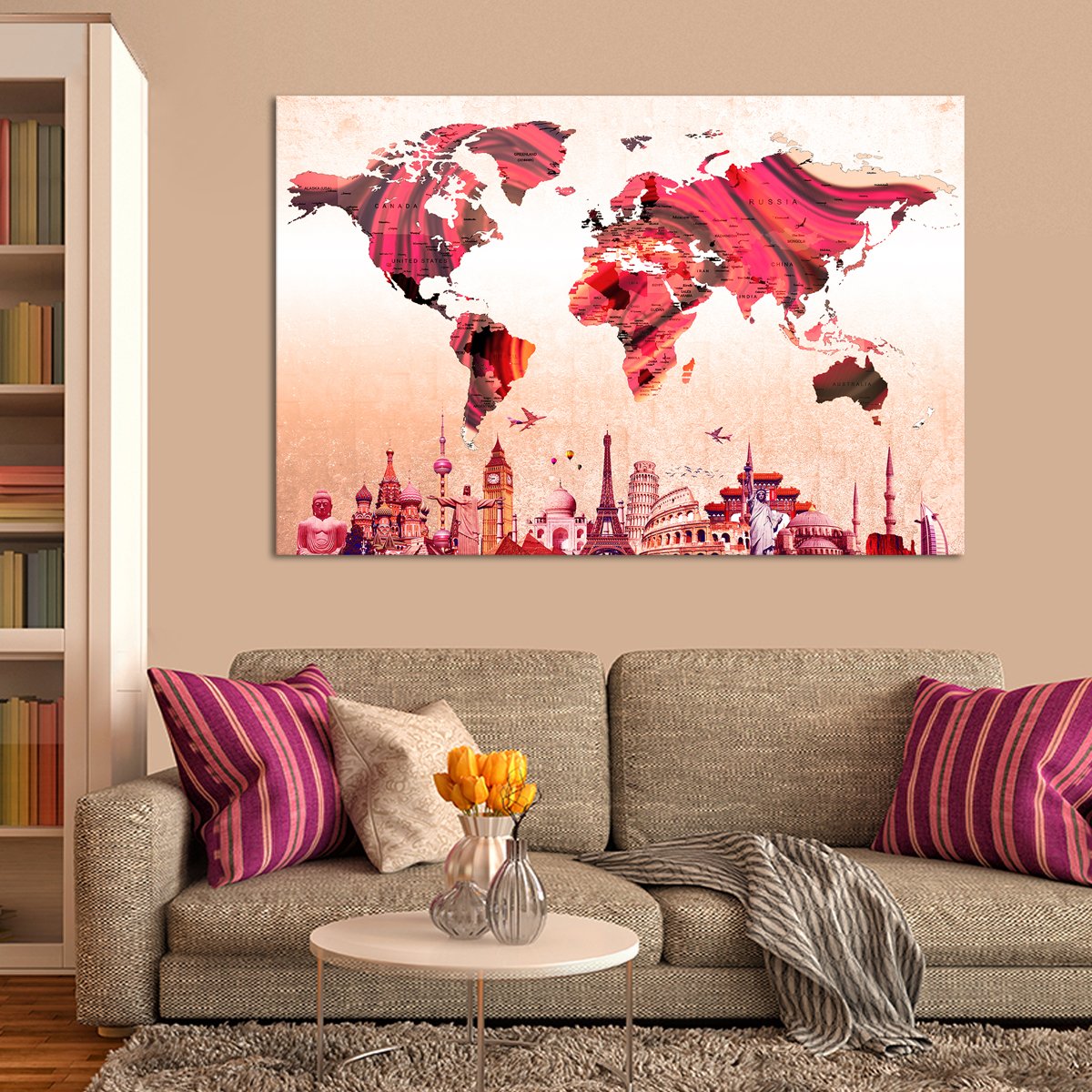 Textured Rose Gold World Map Masterpiece Multi Panel Canvas Wall Art