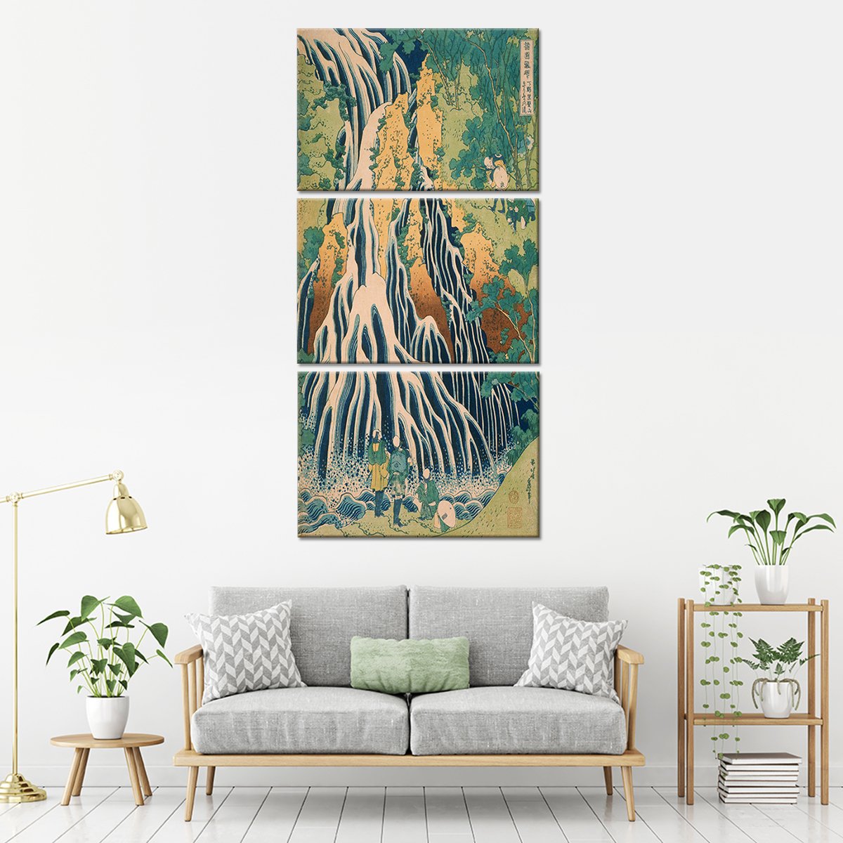 Pilgrims At Kirifuri Waterfall Multi Panel Canvas Wall Art