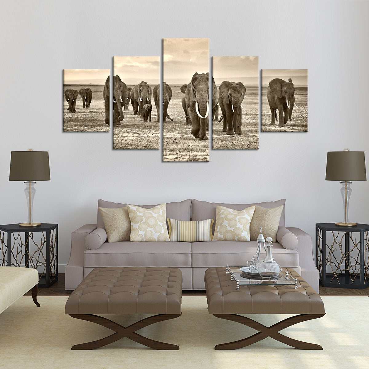 Herd of Elephants Multi Panel Canvas Wall Art